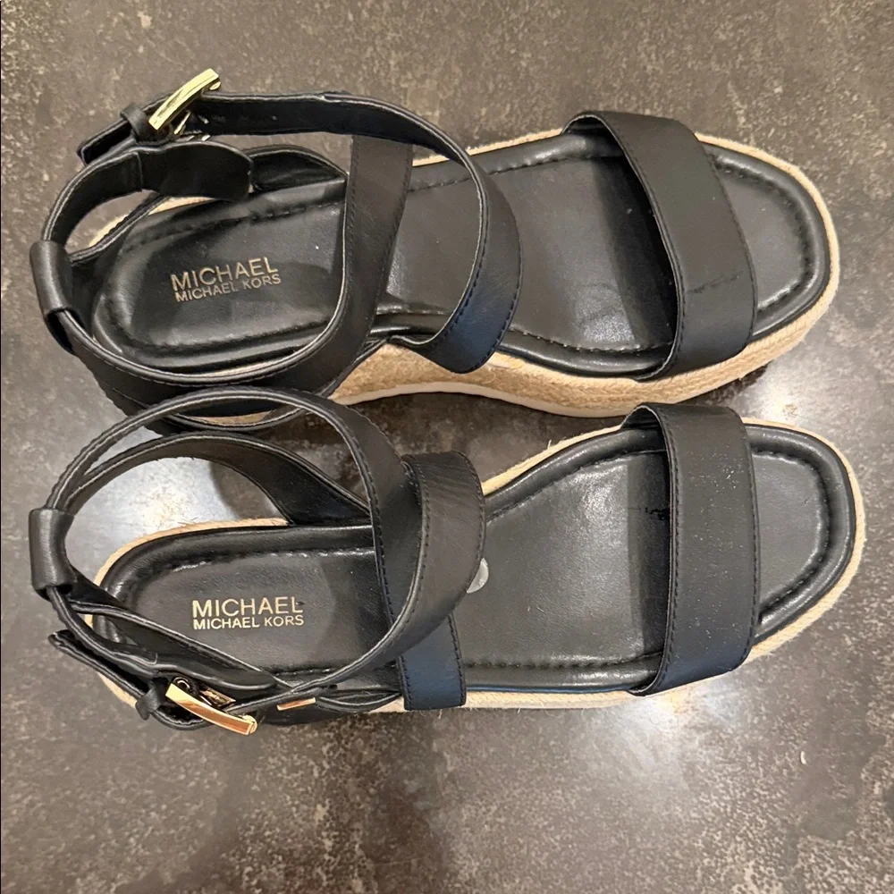 MICHAEL Michael Kors Black Espadrille Wedge Sandals with Gold-Tone Buckle
